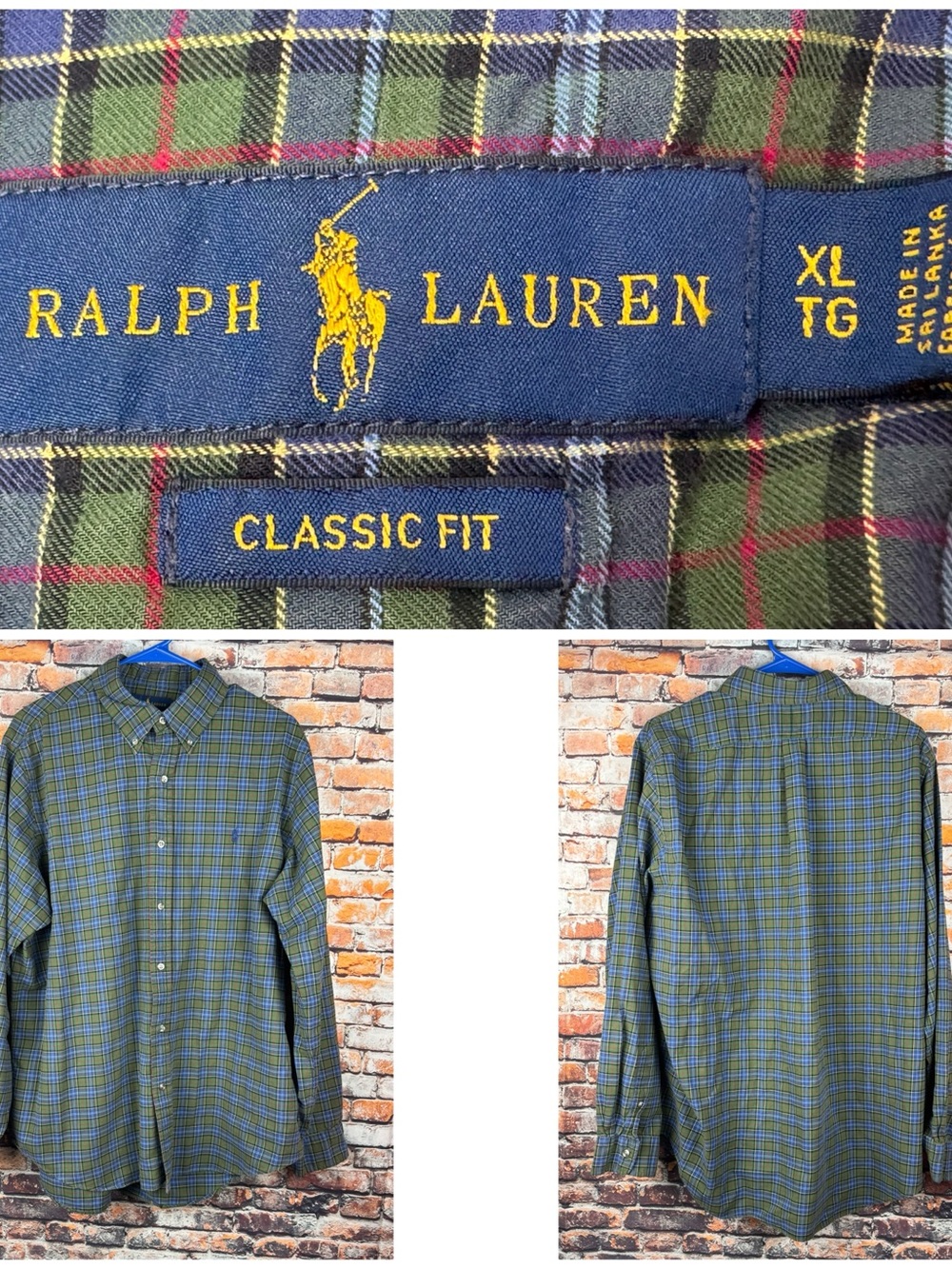 Ralph Lauren Classic Fit Green Plaid Blue Pony Logo Long Sleeve Shirt XL